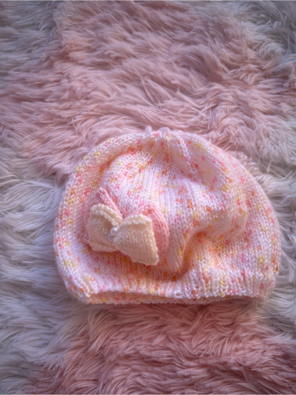 Knit Baby Beanie with Bow - Pink & Cream